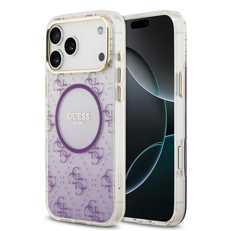 Guess Apple iPhone 17 Pro Max M-Safe Şarj Özellikli 4G Desenli Simli Silikon Kılıf Mor