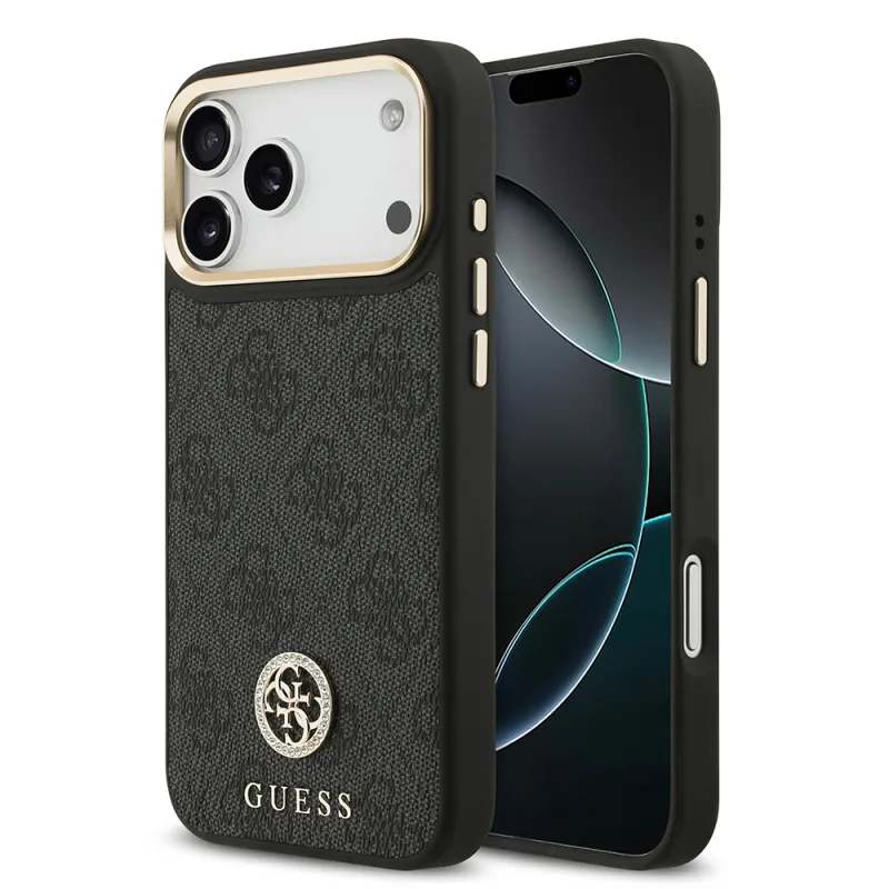 Guess Apple iPhone 17 Pro Max M-Safe Şarj Özellikli Gold Metal Kamera Çerçeveli Taşlı 4G Logolu Kılıf Siyah