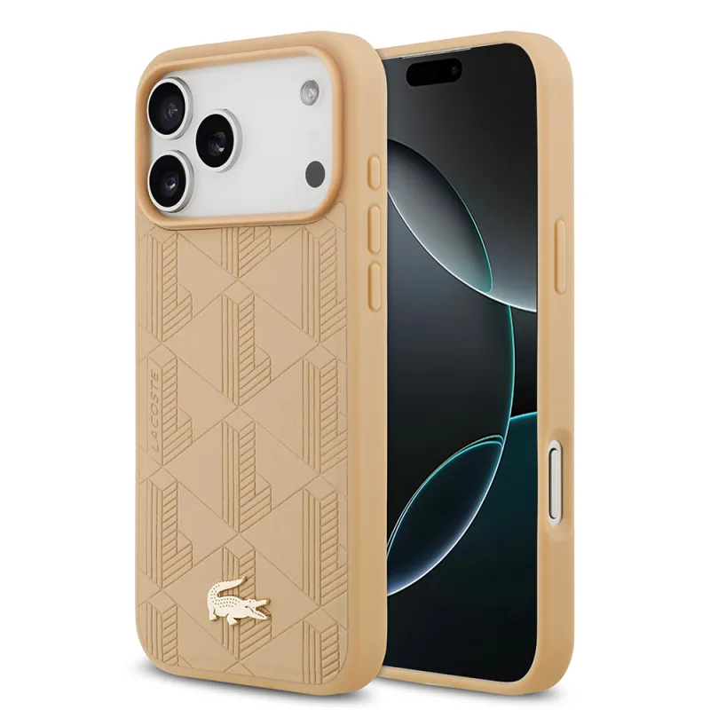 Lacoste Apple iPhone 17 Pro Max M-Safe Şarj Özellikli PU Deri Karışık Monogram Desenli Kılıf Bej