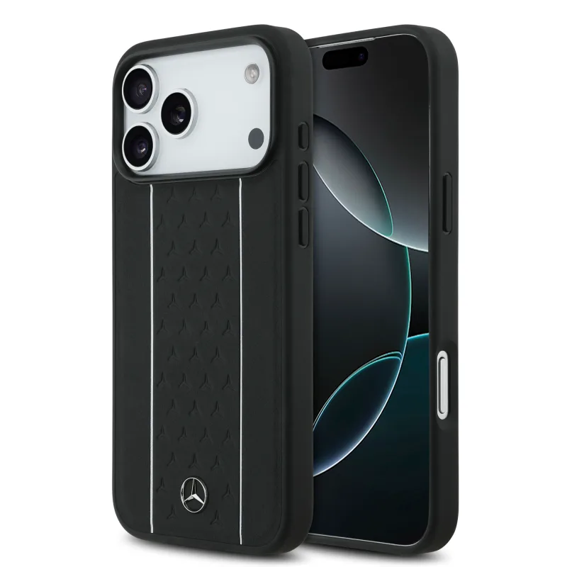 Mercedes-Benz Apple iPhone 17 Pro Max M-Safe Şarj Özellikli Şeritli Yıldız Desenli Metal Logolu Deri Kılıf Siyah