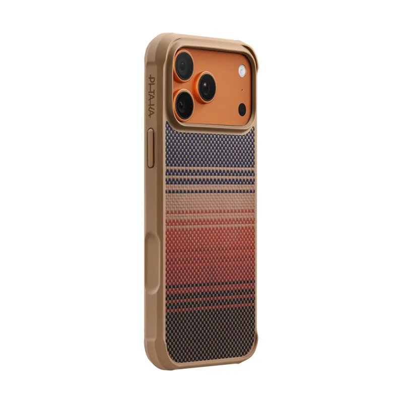 Pitaka Tactile Woven Sunset-Moonrise Apple iPhone 17 Pro M-Safe Şarj Özellikli Aramid Karbon Kılıf Kahverengi
