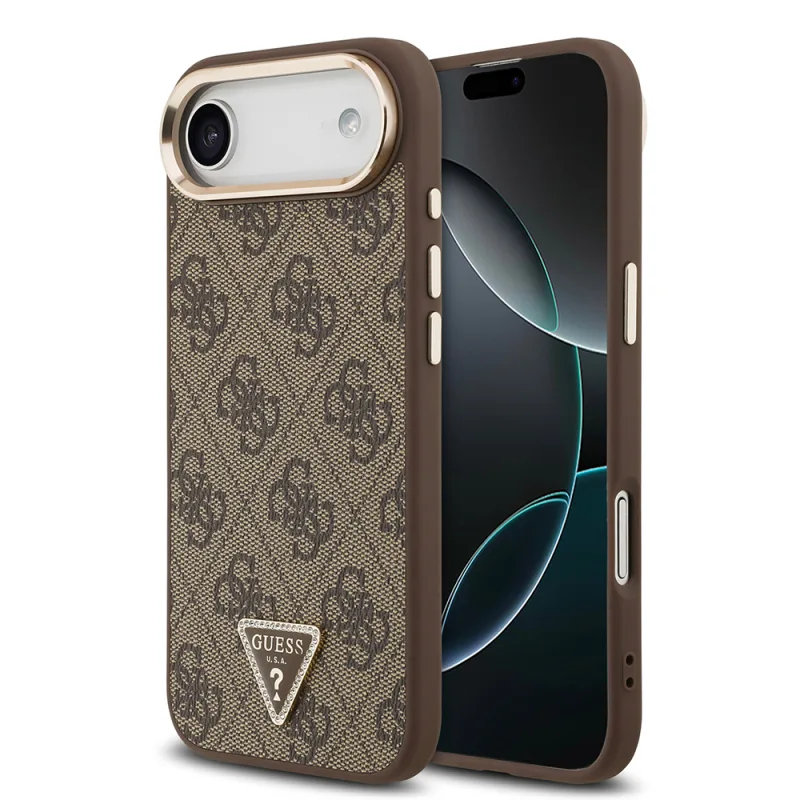 Guess Apple iPhone 17 Air M-Safe Şarj Özellikli Gold Metal Kamera Çerçeveli Taşlı Üçgen Logolu 4G Desenli Kılıf Kahverengi