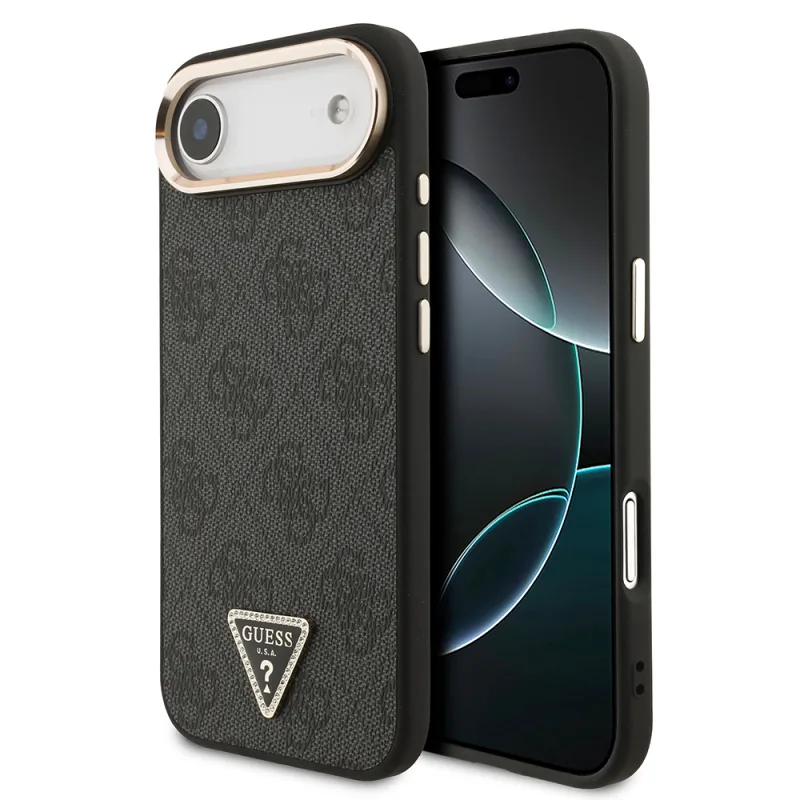 Guess Apple iPhone 17 Air M-Safe Şarj Özellikli Gold Metal Kamera Çerçeveli Taşlı Üçgen Logolu 4G Desenli Kılıf Siyah