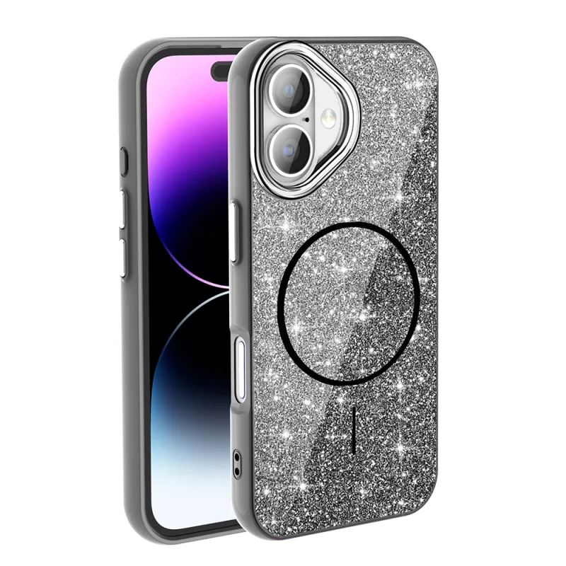 Zore Okso Apple iPhone 17 M-Safe Şarj Özellikli Parlayan Simli Kılıf Siyah