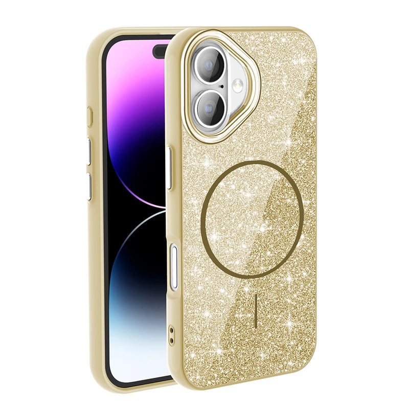 Zore Okso Apple iPhone 17 M-Safe Şarj Özellikli Parlayan Simli Kılıf Gold