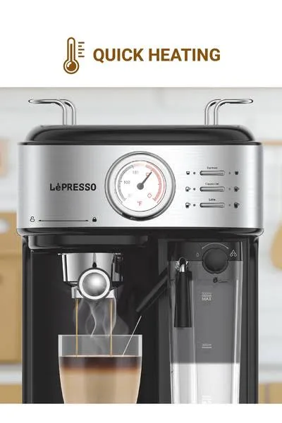 LePresso 1.2L 15 Bar Buhar Sistemli Siyah Espresso Makinesi
