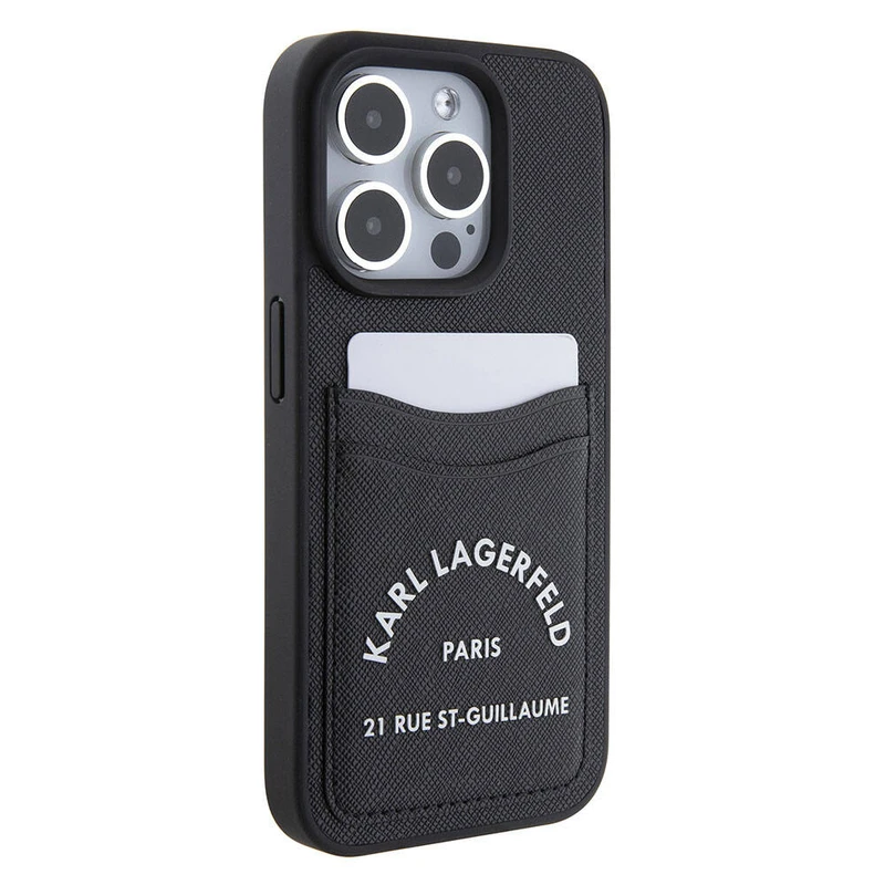 Karl Lagerfeld Saffiano Kart Bölmeli 3D Logo Apple iPhone 15 Pro Max Siyah Kılıf
