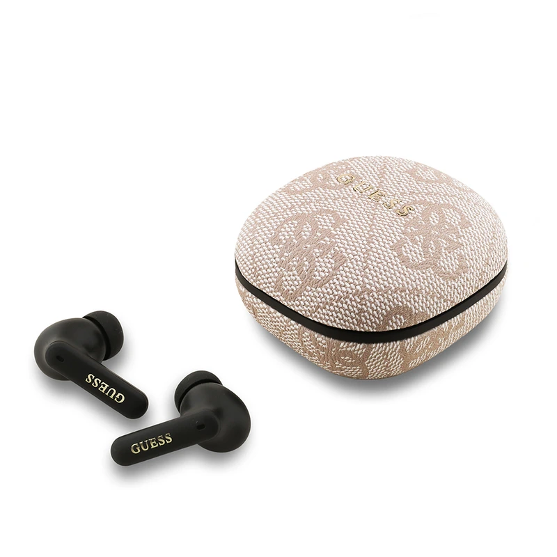 Guess Orjinal Lisanslı PU 4G Desenli Klasik Metal Yazı Logolu TWS Kulak içi Bluetooth Kulaklık Pembe