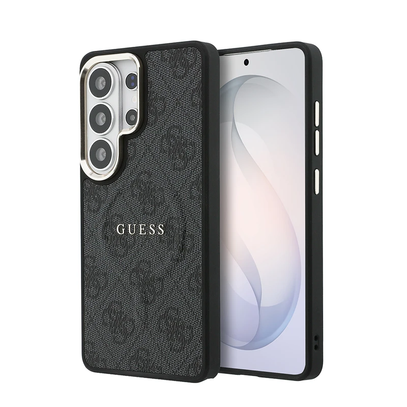 Guess Samsung Galaxy S26 Ultra M-Safe Şarj Özellikli Metal Kamera Çerçeveli 4G Desenli PU Deri Kılıf