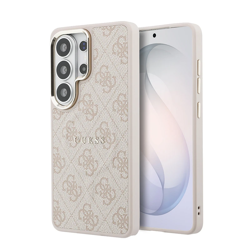 Guess Samsung Galaxy S26 Ultra Orjinal Lisanslı M-Safe Şarj Özellikli Metal Kamera Çerçeveli 4G Desenli PU Deri Pembe Kılıf