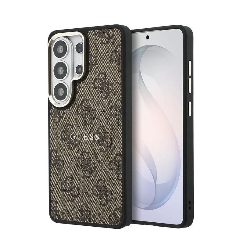 Guess Samsung Galaxy S26 Ultra Orjinal Lisanslı M-Safe Şarj Özellikli Metal Kamera Çerçeveli 4G Desenli PU Deri Kahverengi Kılıf