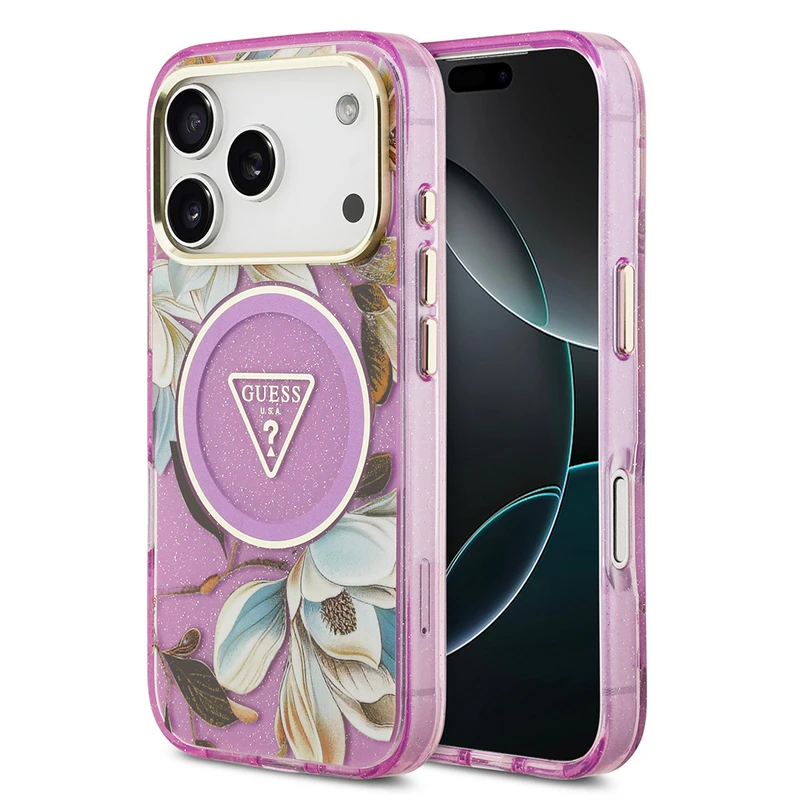 Guess Apple iPhone 17 Pro Max M-Safe Şarj Özellikli Simli Çiçek Desenli Metal Kamera Çerçeveli Pembe Kılıf